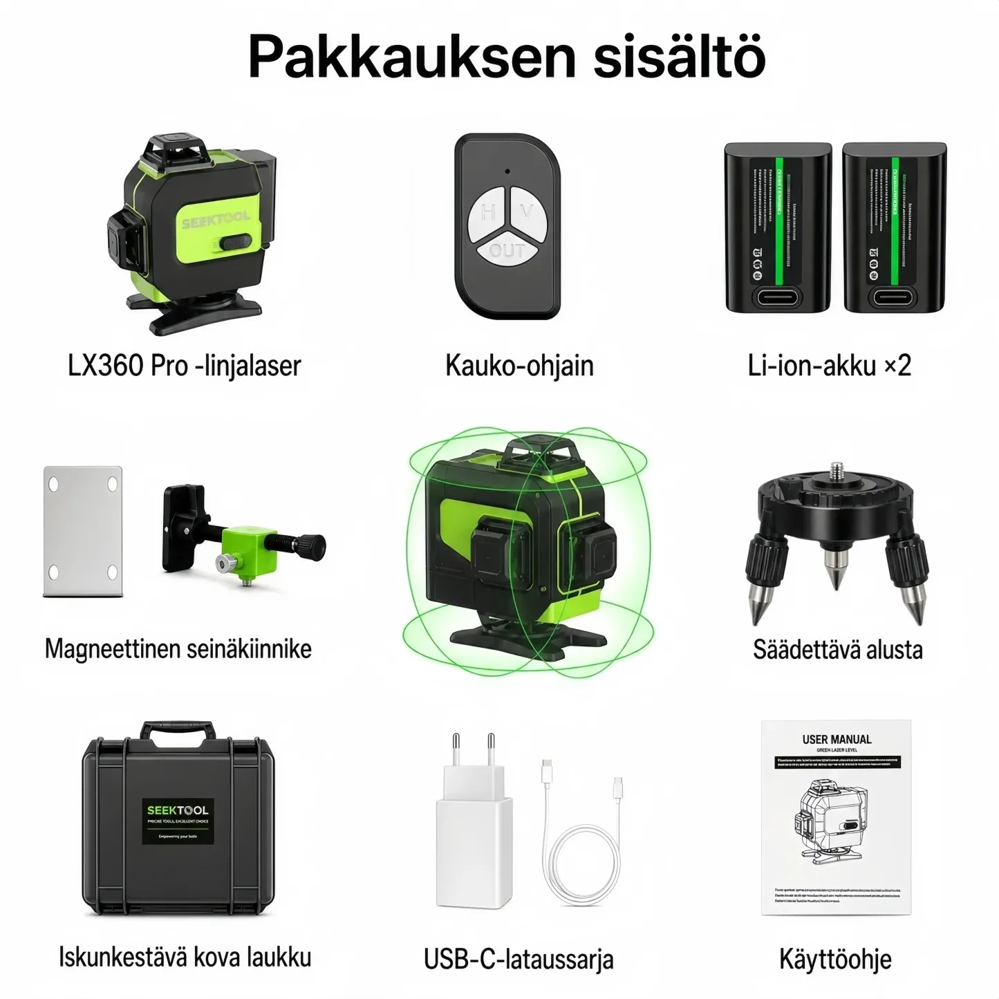SEEKTOOL LX360 Pro 4 × 360° vihreä ristilinjalaser