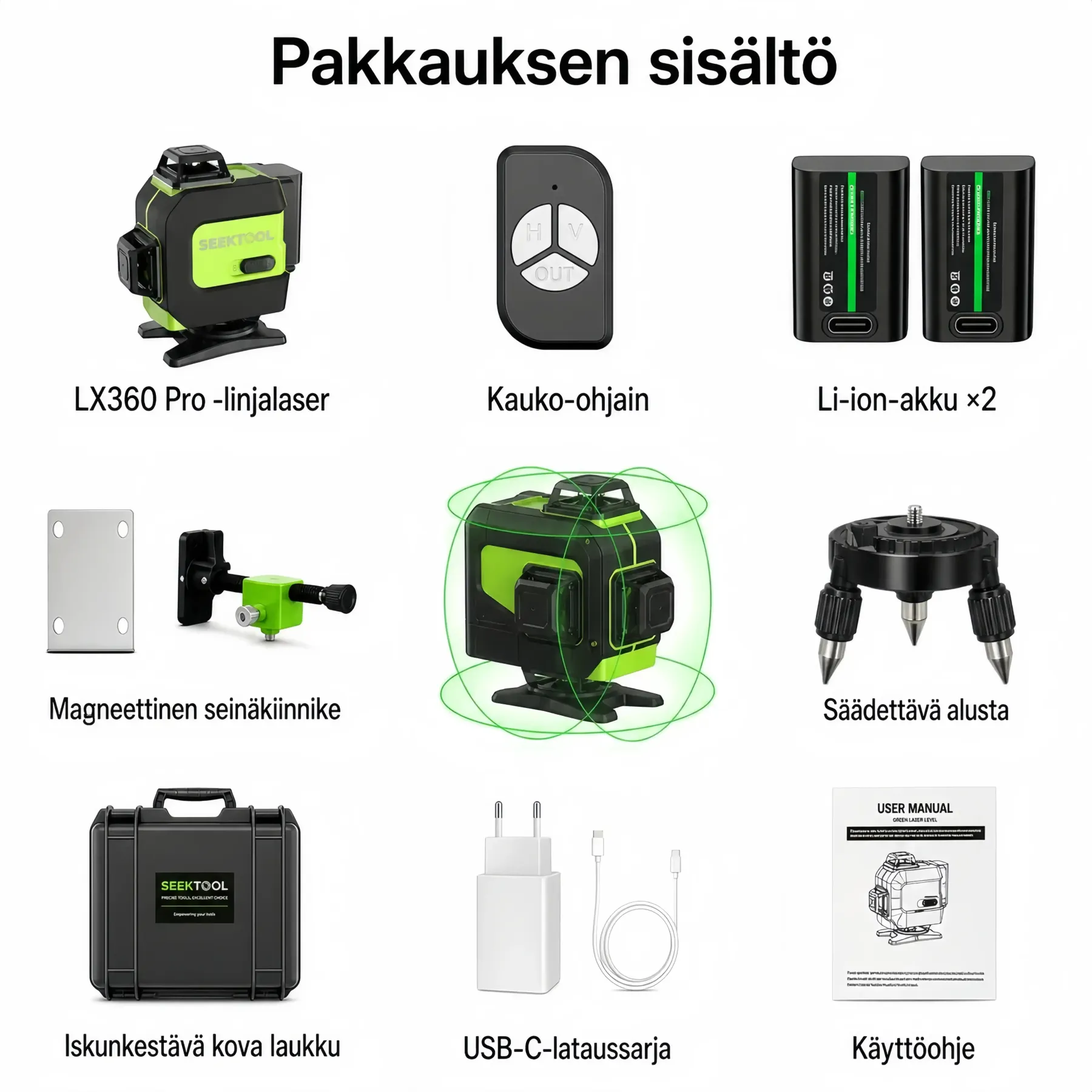SEEKTOOL LX360 Pro 4 × 360° vihreä ristilinjalaser