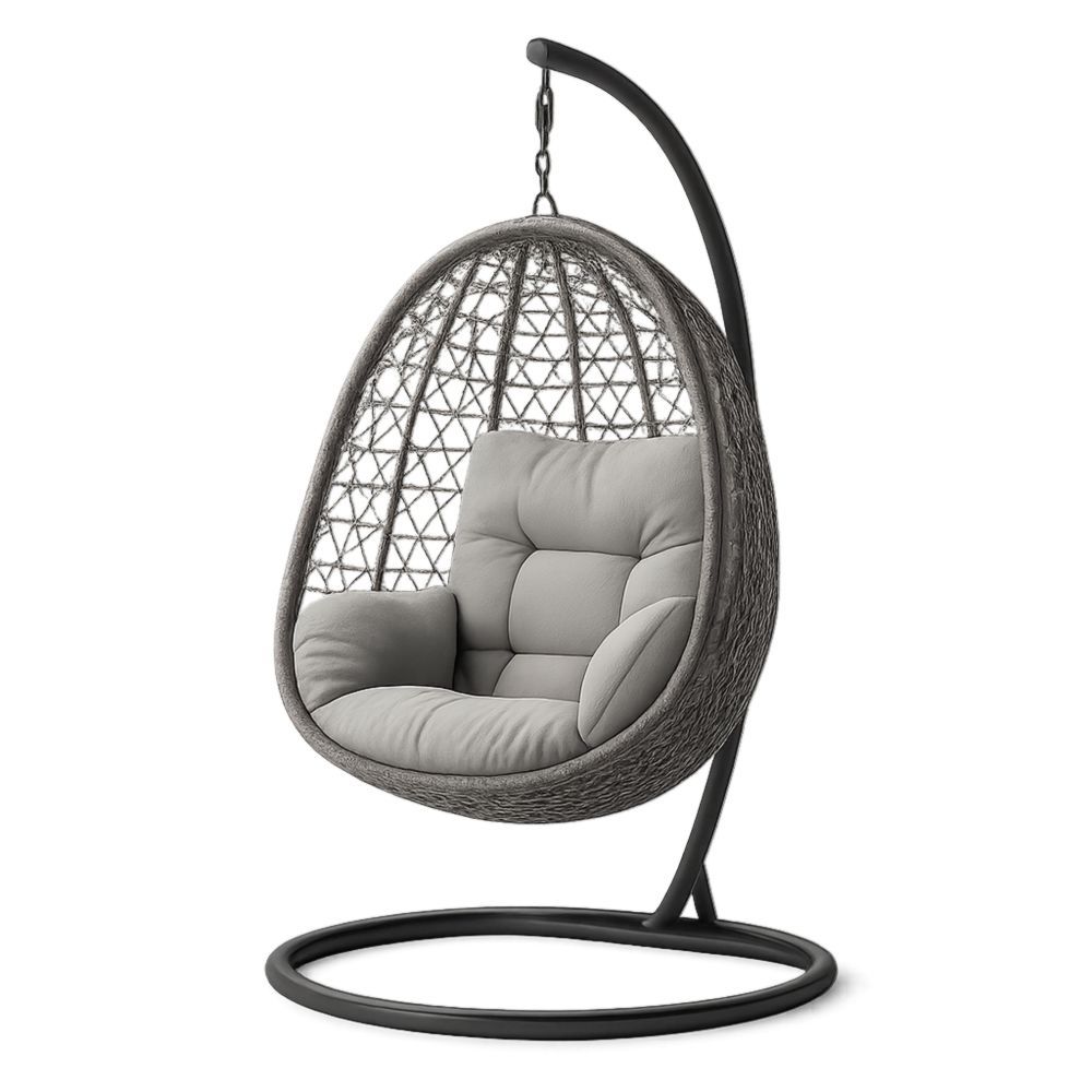 Fauteuil suspendu en acier avec coque en rotin et coussins gris-Selorivta