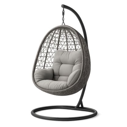 Fauteuil suspendu en acier avec coque en rotin et coussins gris-Selorivta