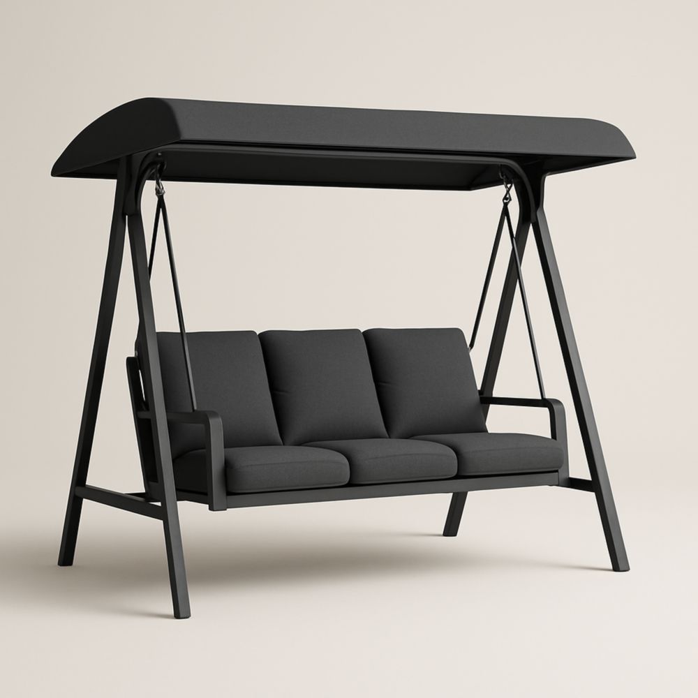 Balancelle d'extérieur trois places avec coussins en polyester et cadre en acier noir-Selorivta