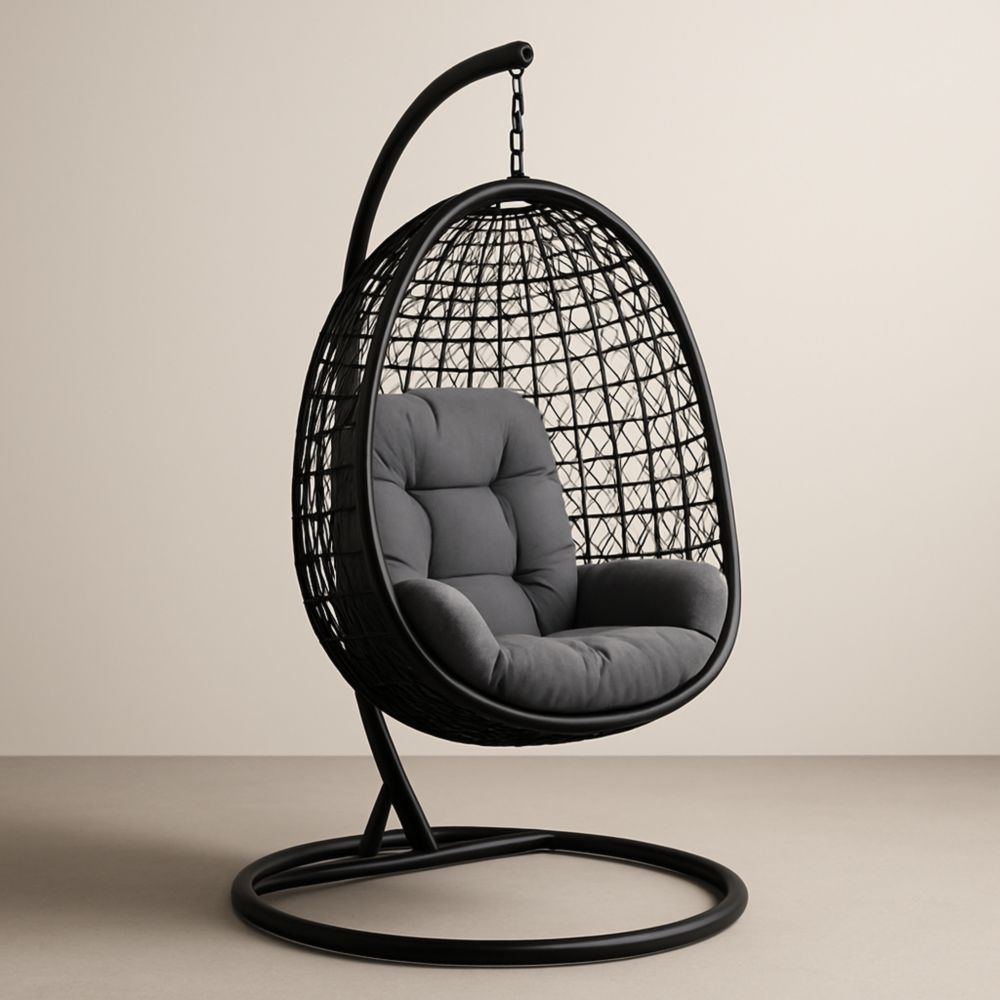 Chaise suspendue en rotin synthétique avec coussin gris-Selorivta