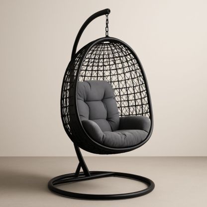 Chaise suspendue en rotin synthétique avec coussin gris-Selorivta