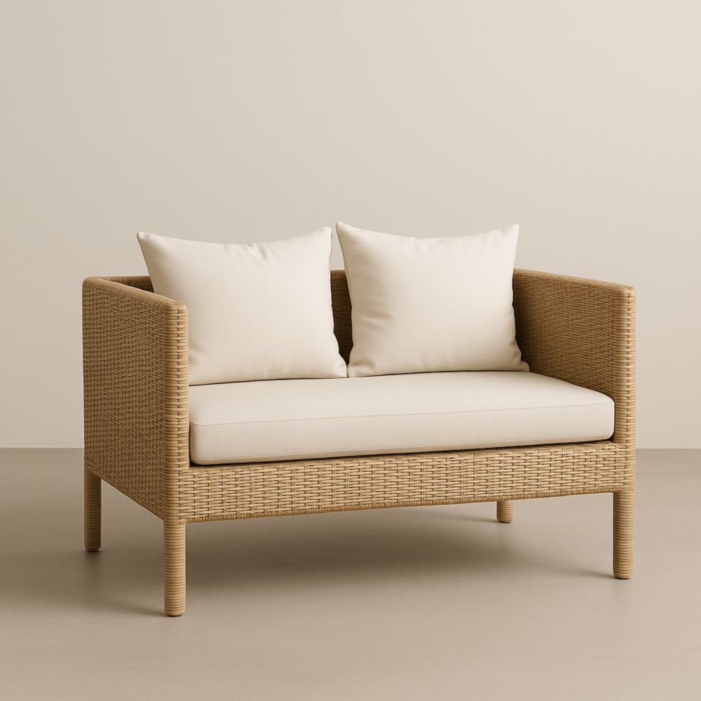 Canapé Deux Places en Rotin Synthétique Beige avec Coussins en Polyester-Selorivta