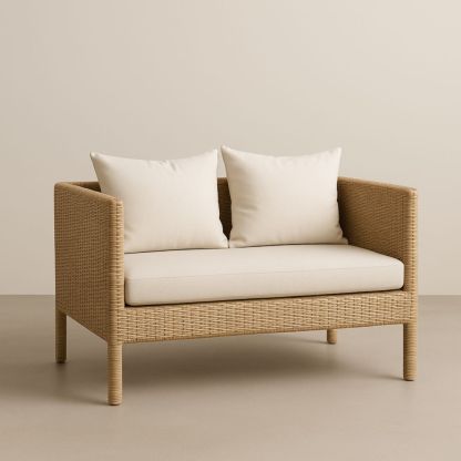 Canapé Deux Places en Rotin Synthétique Beige avec Coussins en Polyester-Selorivta