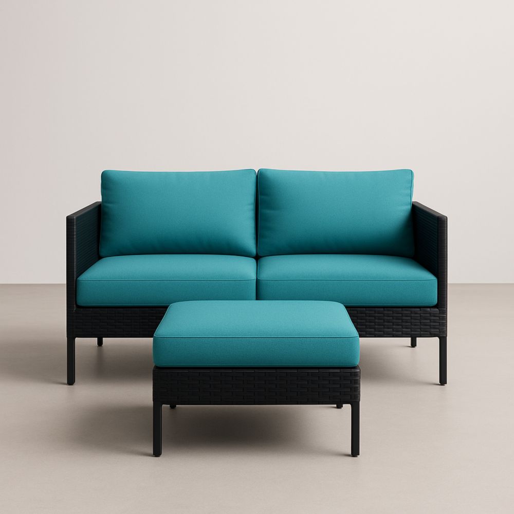 Canapé 2 places avec coussins en tissu bleu turquoise et structure en résine tressée noire-Selorivta