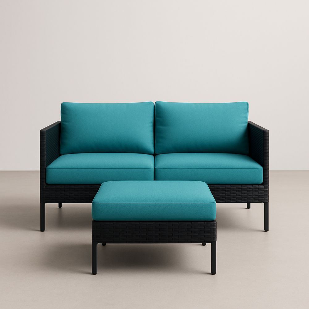 Canapé 2 places avec coussins en tissu bleu turquoise et structure en résine tressée noire-Selorivta