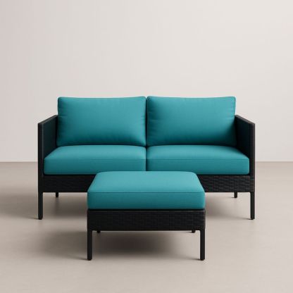 Canapé 2 places avec coussins en tissu bleu turquoise et structure en résine tressée noire-Selorivta