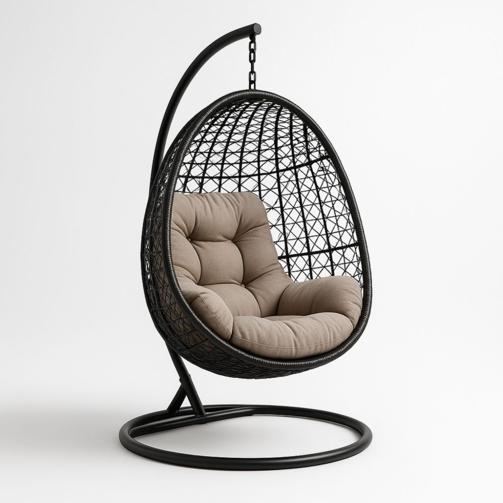 Chaise Suspendue en Résine Tressée avec Structure Métal Noir et Coussin en Coton-Selorivta
