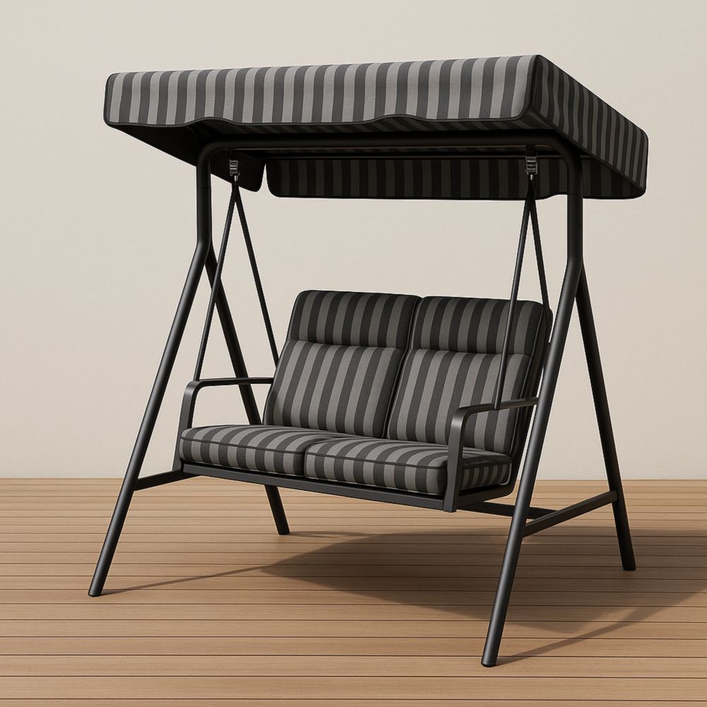 Balancelle de jardin en métal avec coussins en polyester rayé noir et gris-Selorivta
