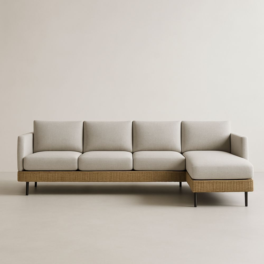 Canapé d'angle droit en tissu lin beige avec structure en osier-Selorivta