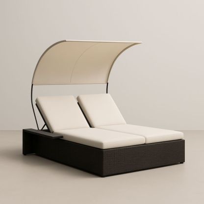 Chaise longue de jardin pour deux personnes, avec auvent en résine réglable et coussins en polyester-Selorivta