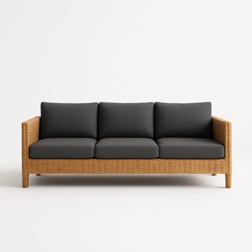 Canapé 3 places en rotin avec coussins en tissu gris-Selorivta