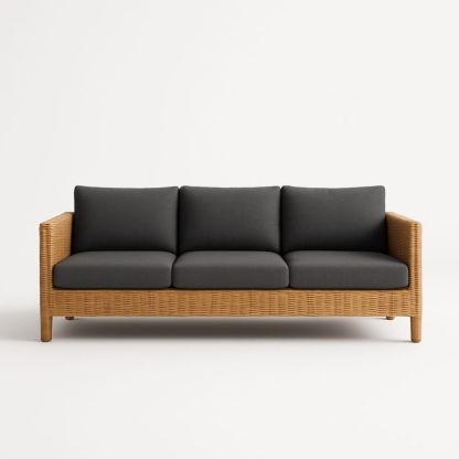 Canapé 3 places en rotin avec coussins en tissu gris-Selorivta