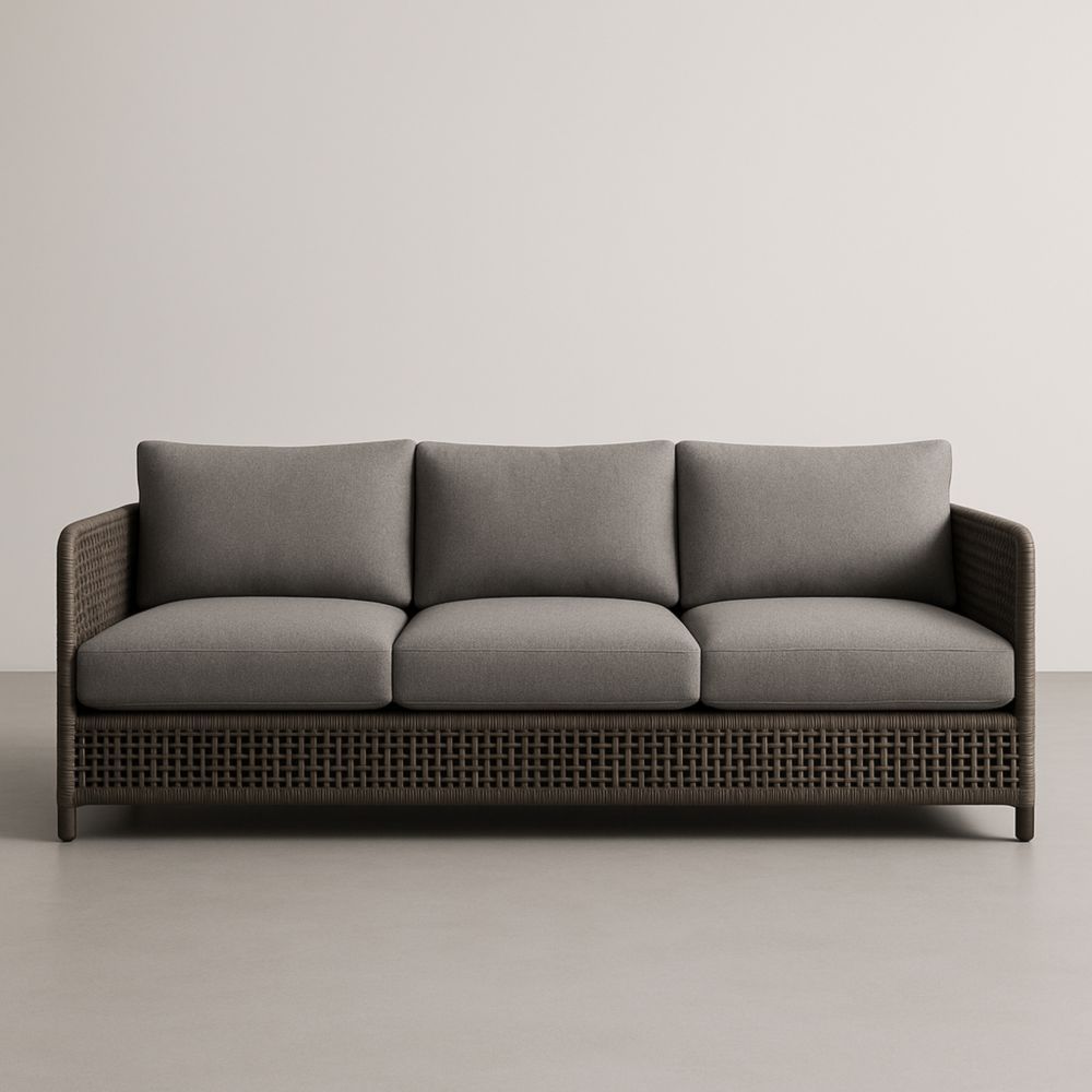 Canapé trois places en résine tressée et coussins en tissu gris-Selorivta