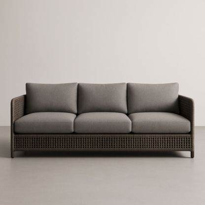Canapé trois places en résine tressée et coussins en tissu gris-Selorivta