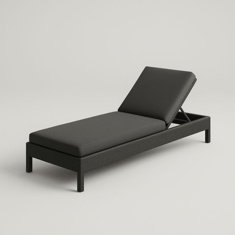 Chaise longue de jardin réglable en résine tressée noire, avec coussins, 200 x 70 cm-Selorivta