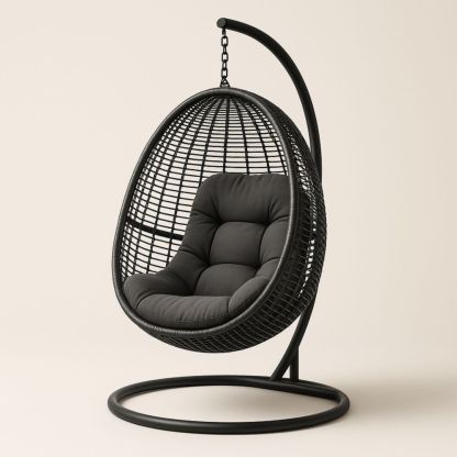 Chaise suspendue œuf en résine tressée avec coussin gris-Selorivta