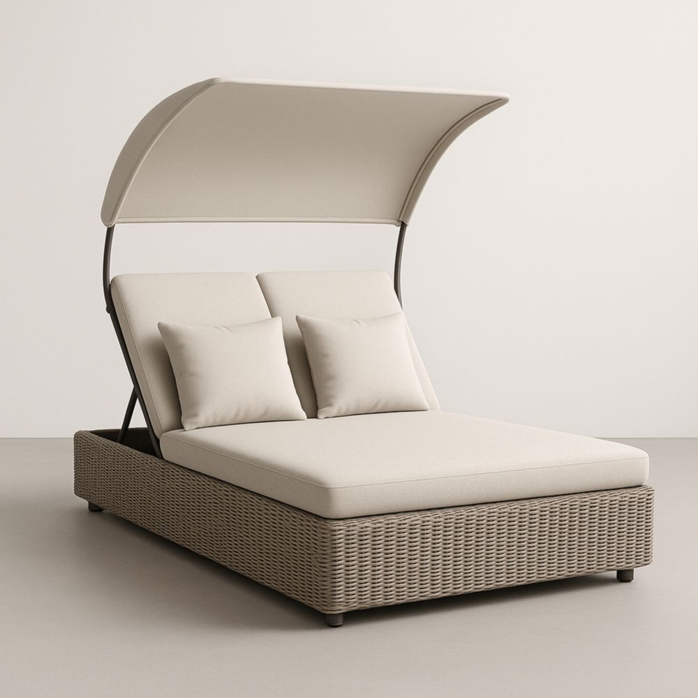 Chaise longue double en résine tressée avec auvent et coussins-Selorivta