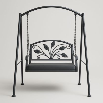 Balançoire extérieure en métal noir avec motif feuille-Selorivta