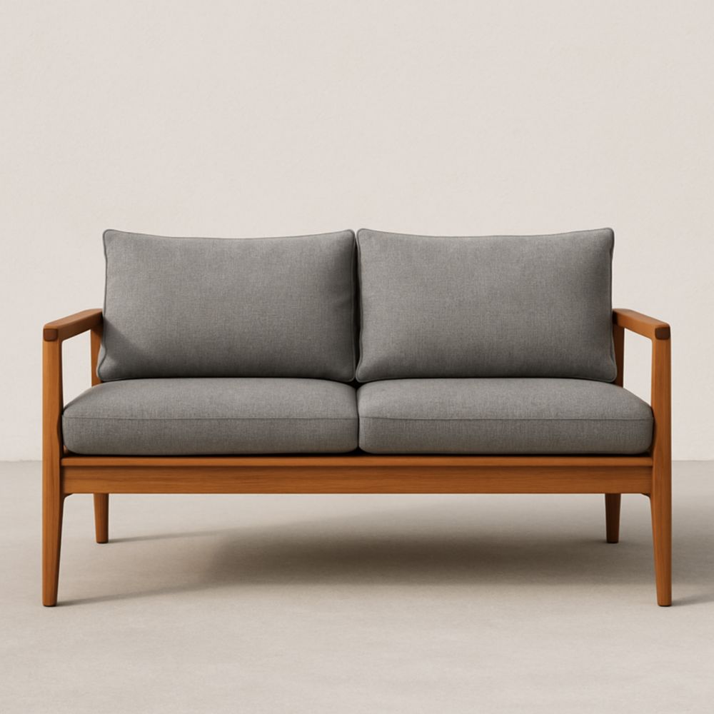 Canapé 2 places en bois avec coussins en tissu gris-Selorivta