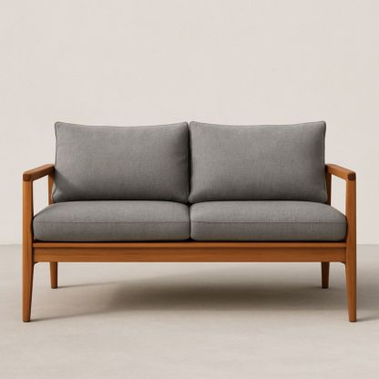 Canapé 2 places en bois avec coussins en tissu gris-Selorivta