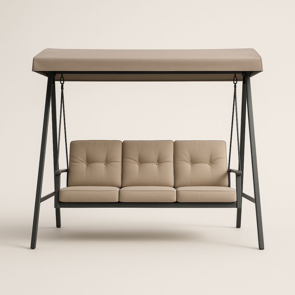 Balancelle d'extérieur trois places en métal avec coussins en tissu beige-Selorivta
