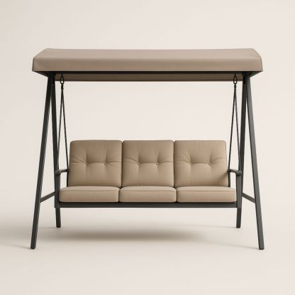 Balancelle d'extérieur trois places en métal avec coussins en tissu beige-Selorivta