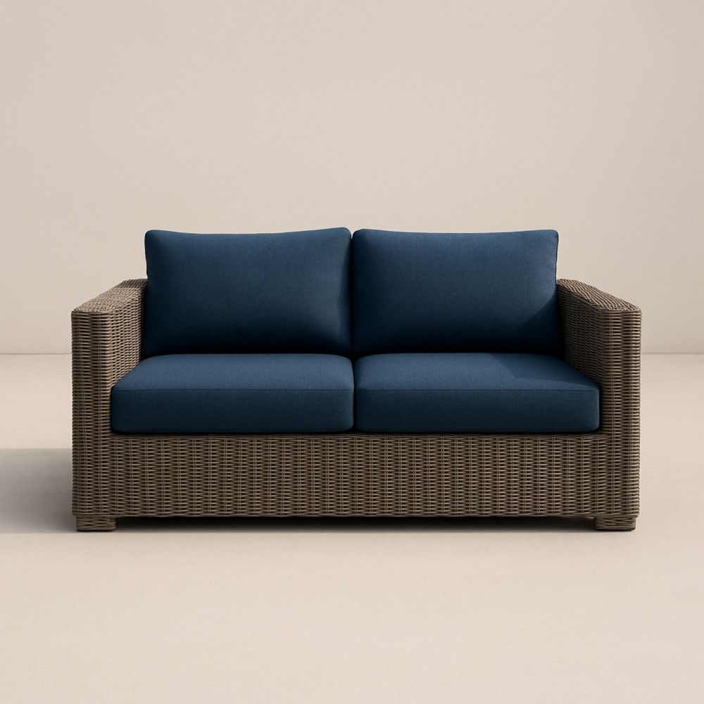 Canapé d'extérieur 2 places en rotin avec coussins bleus-Selorivta