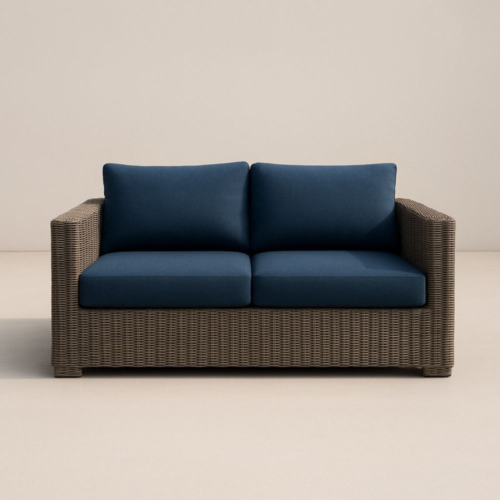 Canapé d'extérieur 2 places en rotin avec coussins bleus-Selorivta