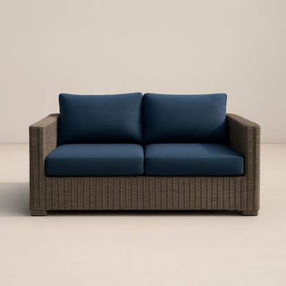 Canapé d'extérieur 2 places en rotin avec coussins bleus-Selorivta