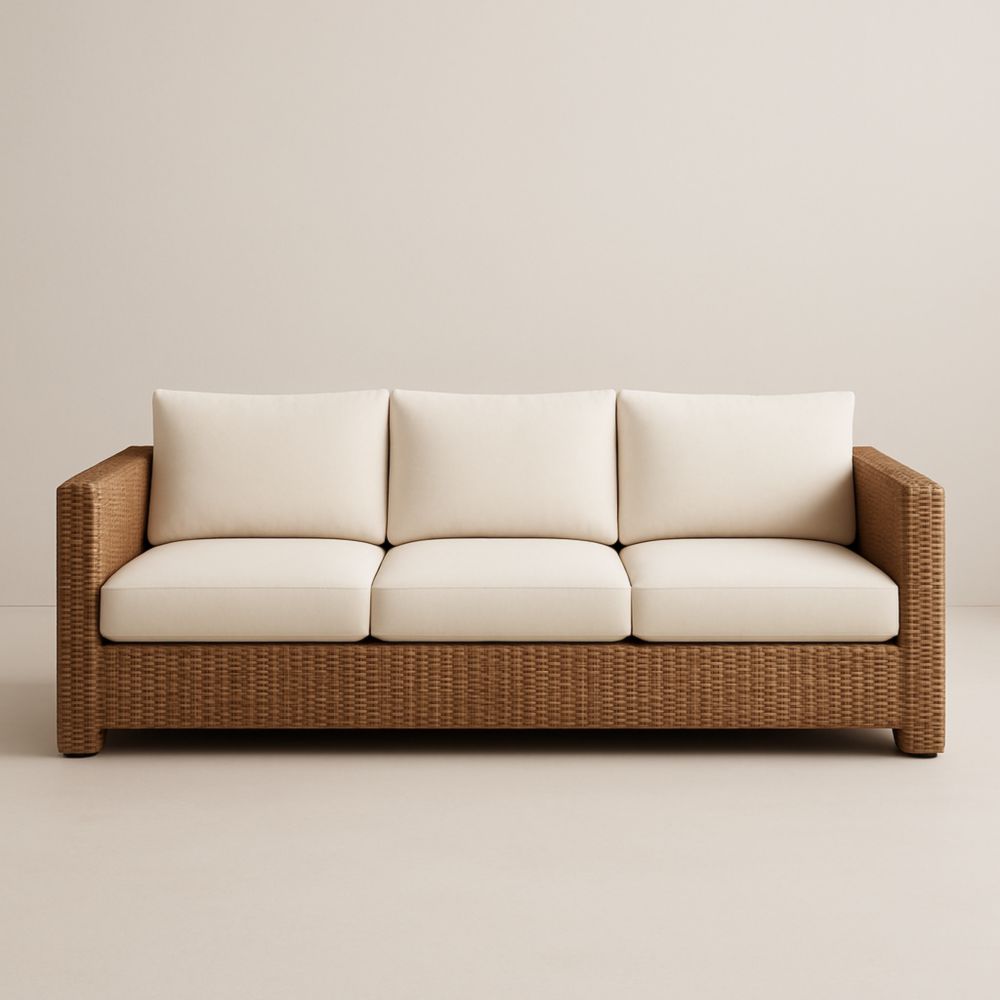 Canapé 3 Places Résine Tressée Coussins Écru-Selorivta