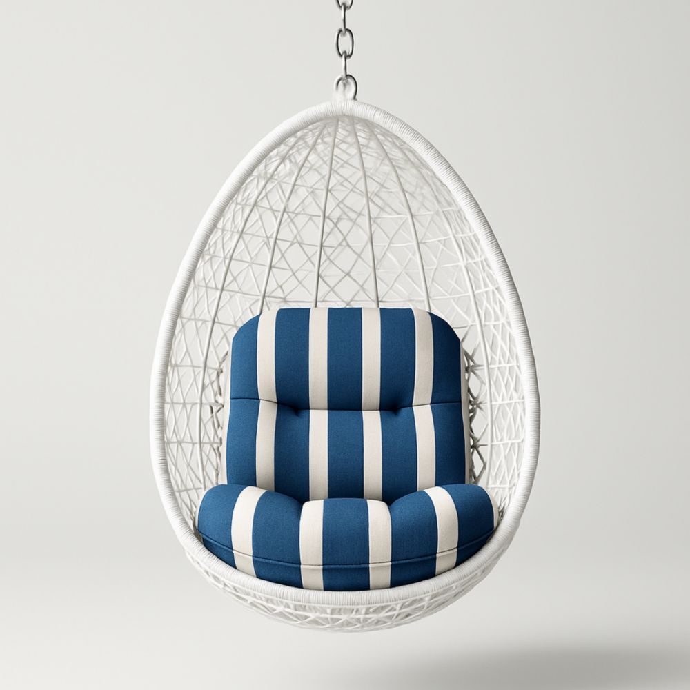 Chaise suspendue en résine tressée avec coussin rayé bleu et blanc-Selorivta