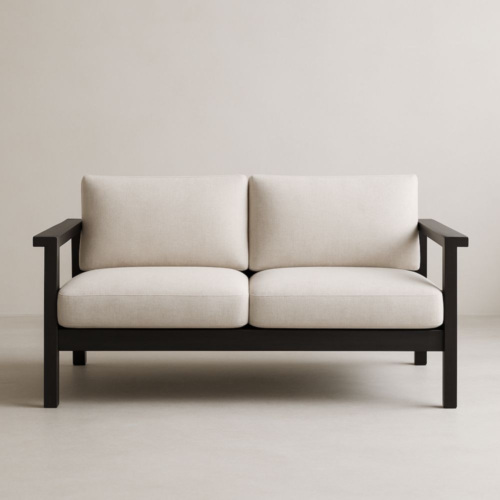 Canapé deux places en bois et tissu beige-Selorivta