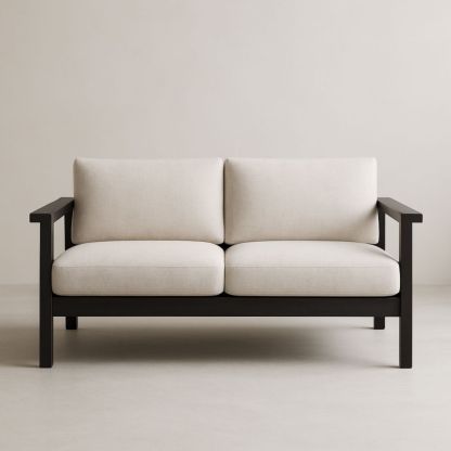 Canapé deux places en bois et tissu beige-Selorivta