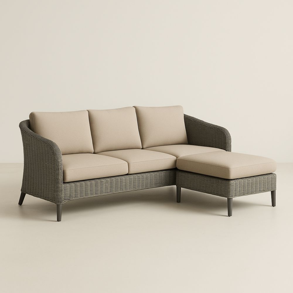 Canapé d'angle en osier avec coussins en tissu polyester-Selorivta