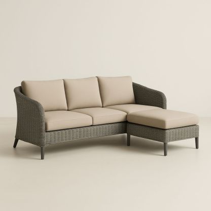 Canapé d'angle en osier avec coussins en tissu polyester-Selorivta