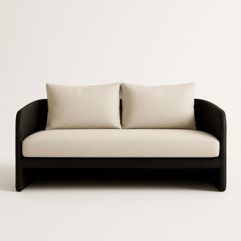 Canapé en rotin noir 150x90x75 cm avec coussins en polycoton beige-Selorivta