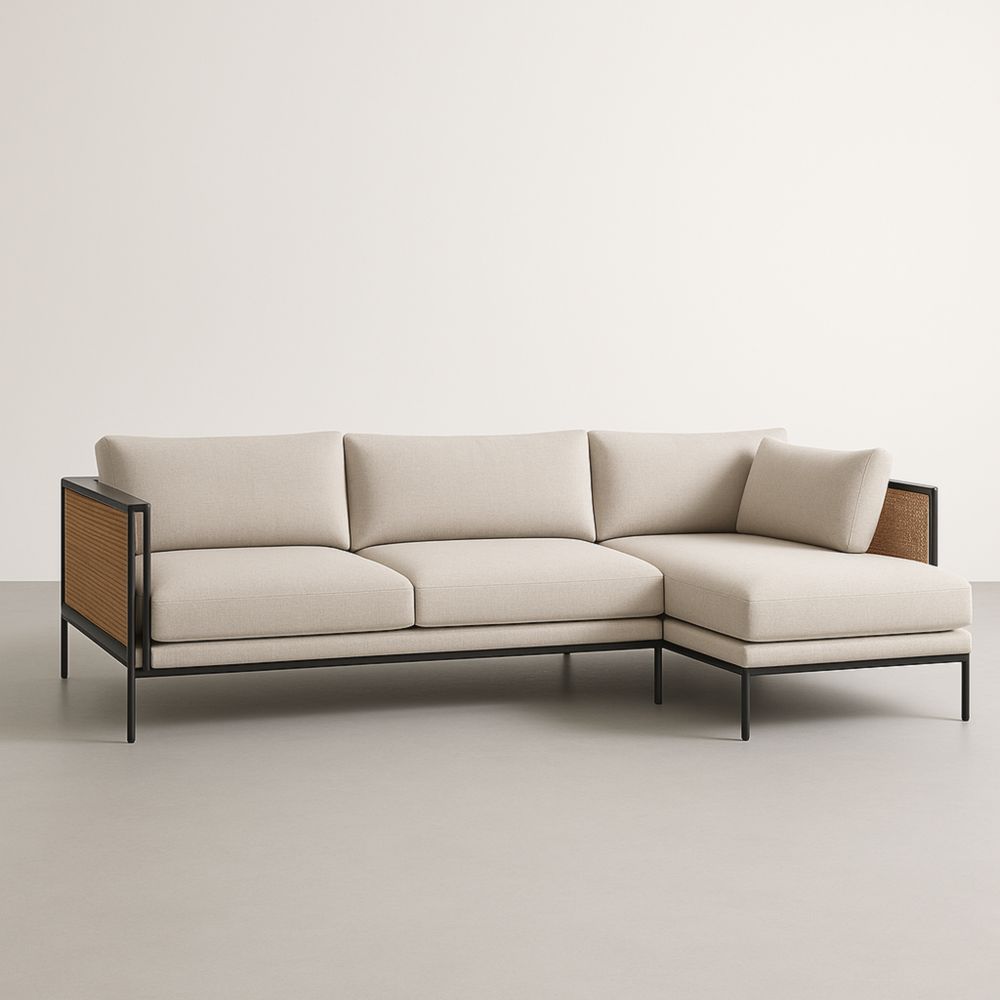 Canapé d'angle en tissu beige avec structure métal noir et rotin-Selorivta