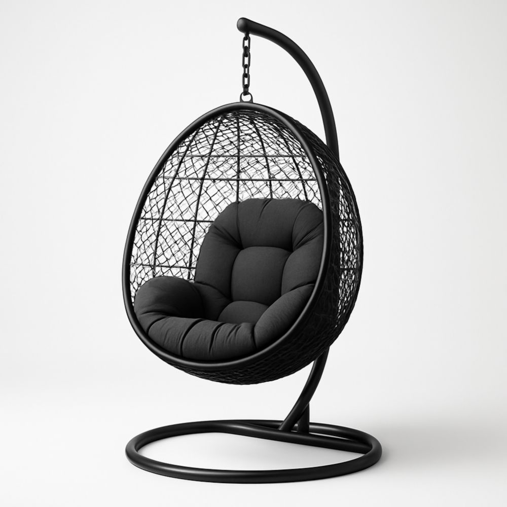 Chaise suspendue en rotin avec coussin en polyester noir-Selorivta