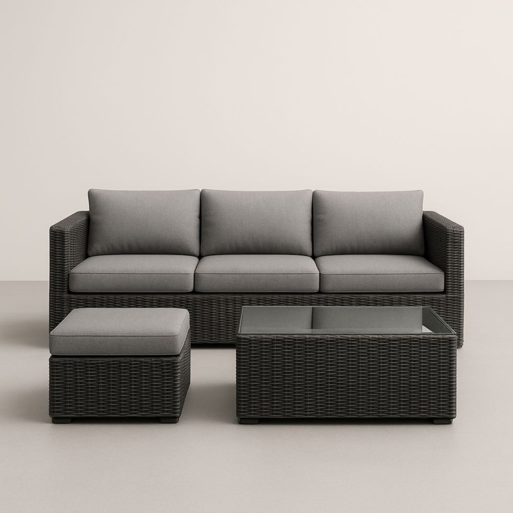 Ensemble Salon de Jardin 3 Pièces Résine Tressée Coussins Gris Verre Trempé-Selorivta