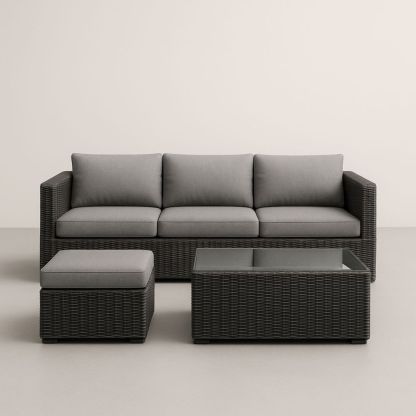 Ensemble Salon de Jardin 3 Pièces Résine Tressée Coussins Gris Verre Trempé-Selorivta