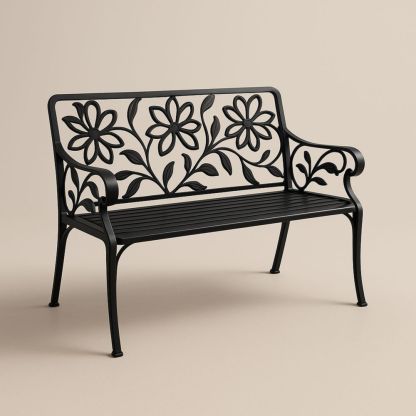Banc de jardin en fonte noir avec motif floral 128cm-Selorivta