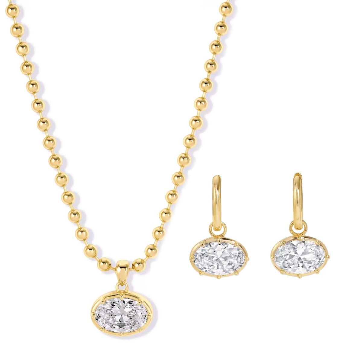 Hailey Bieber Style Oval CZ Beaded Ball Chain Necklace & Earrings Set