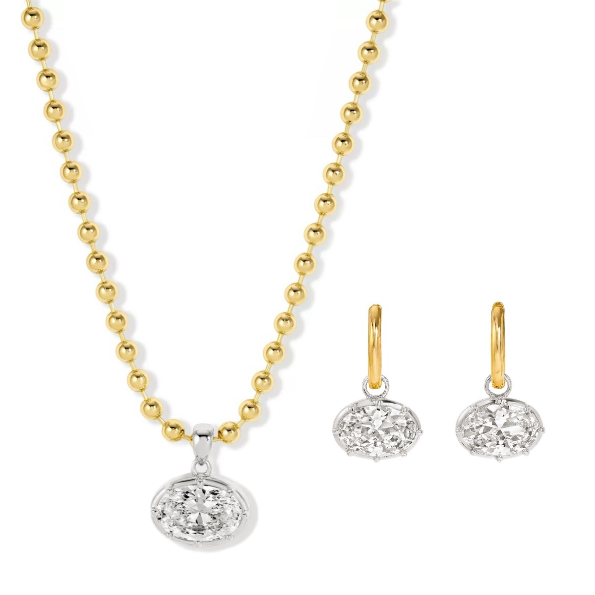 Hailey Bieber Style Oval CZ Beaded Ball Chain Necklace & Earrings Set
