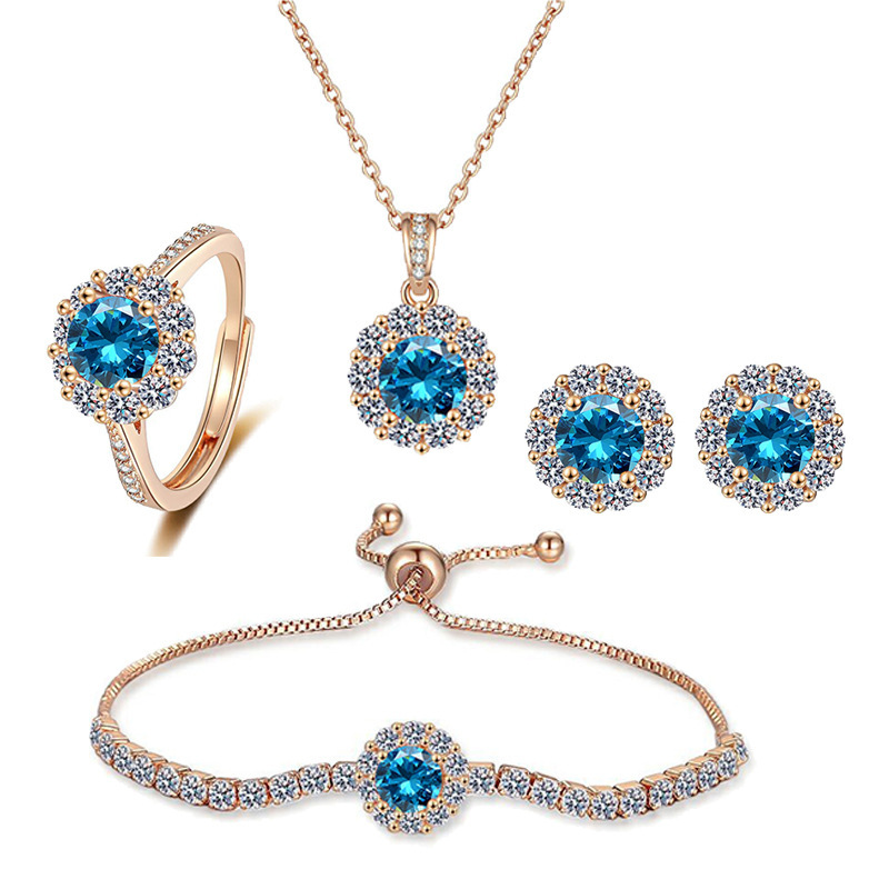 Blue opal ring, earrings, necklace and bracelet four-piece set