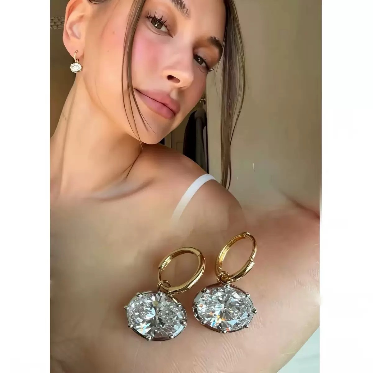 Hailey Bieber Style Oval CZ Beaded Ball Chain Necklace & Earrings Set