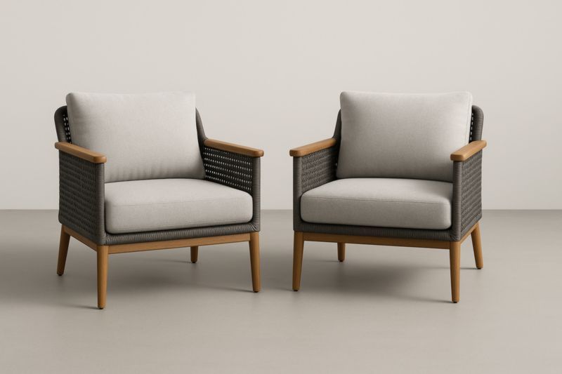 Set di 2 Poltrone da Giardino in Legno e Rattan con Cuscini Grigi