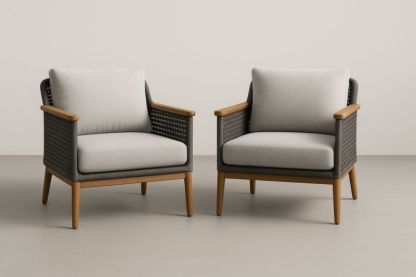 Set di 2 Poltrone da Giardino in Legno e Rattan con Cuscini Grigi