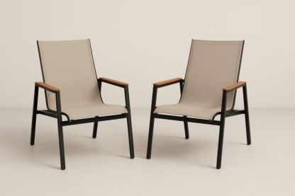 Set di 2 poltrone da giardino in metallo e tessuto con braccioli in legno
